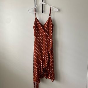 Ruffle Midi Wrap Dress in Mahogany Polka Dots